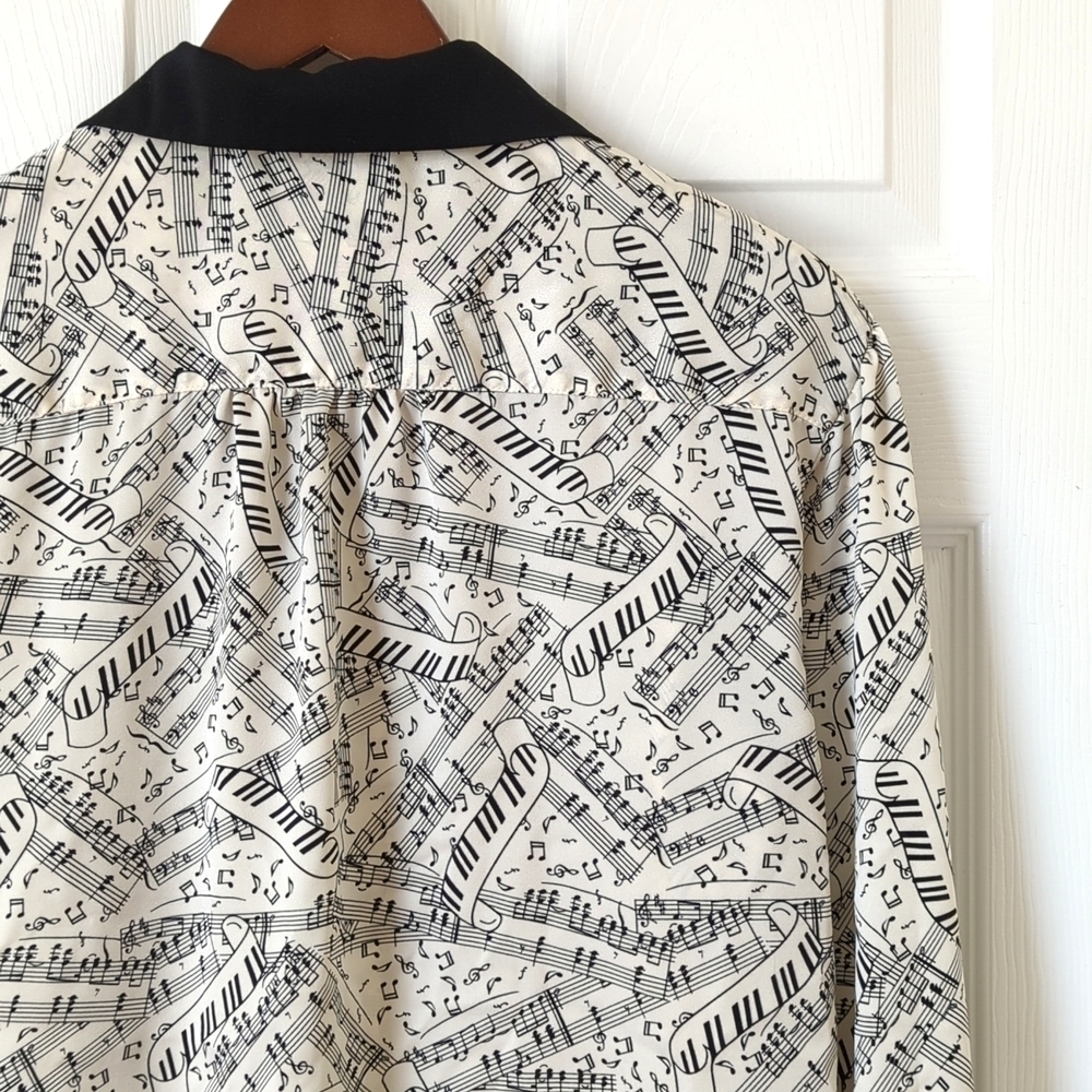 Pendleton 90's Vintage Silky Sheet Music Print Button Down Blouse Cream Black 4 - Picture 11 of 11